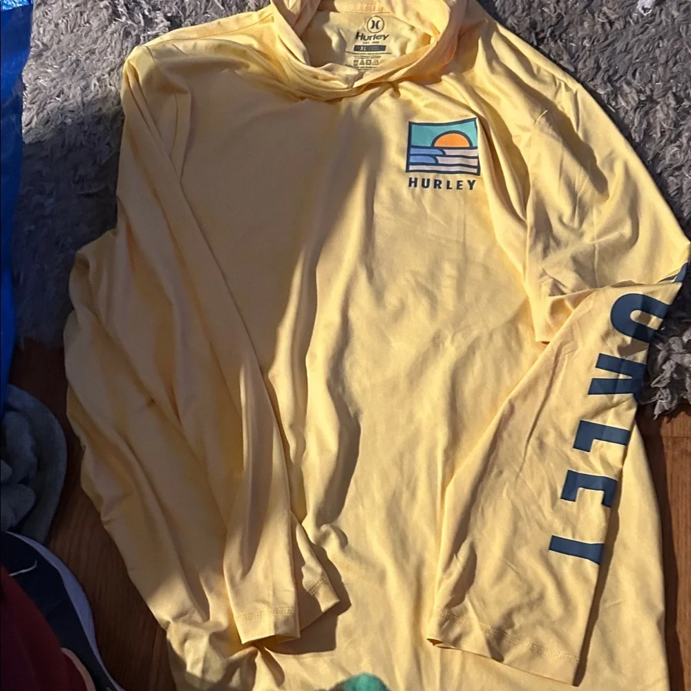 Hurley Pale Yellow Long Sleeve Hoodie Tee with Beach Graphic